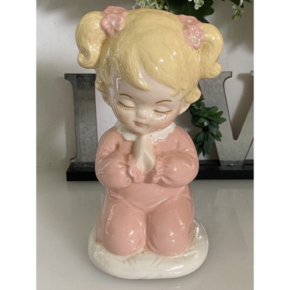 Praying Pink Toddler Girl Figurine Baby Gift Baptism Communion Handmade‎ '87 Vtg - Picture 1 of 16